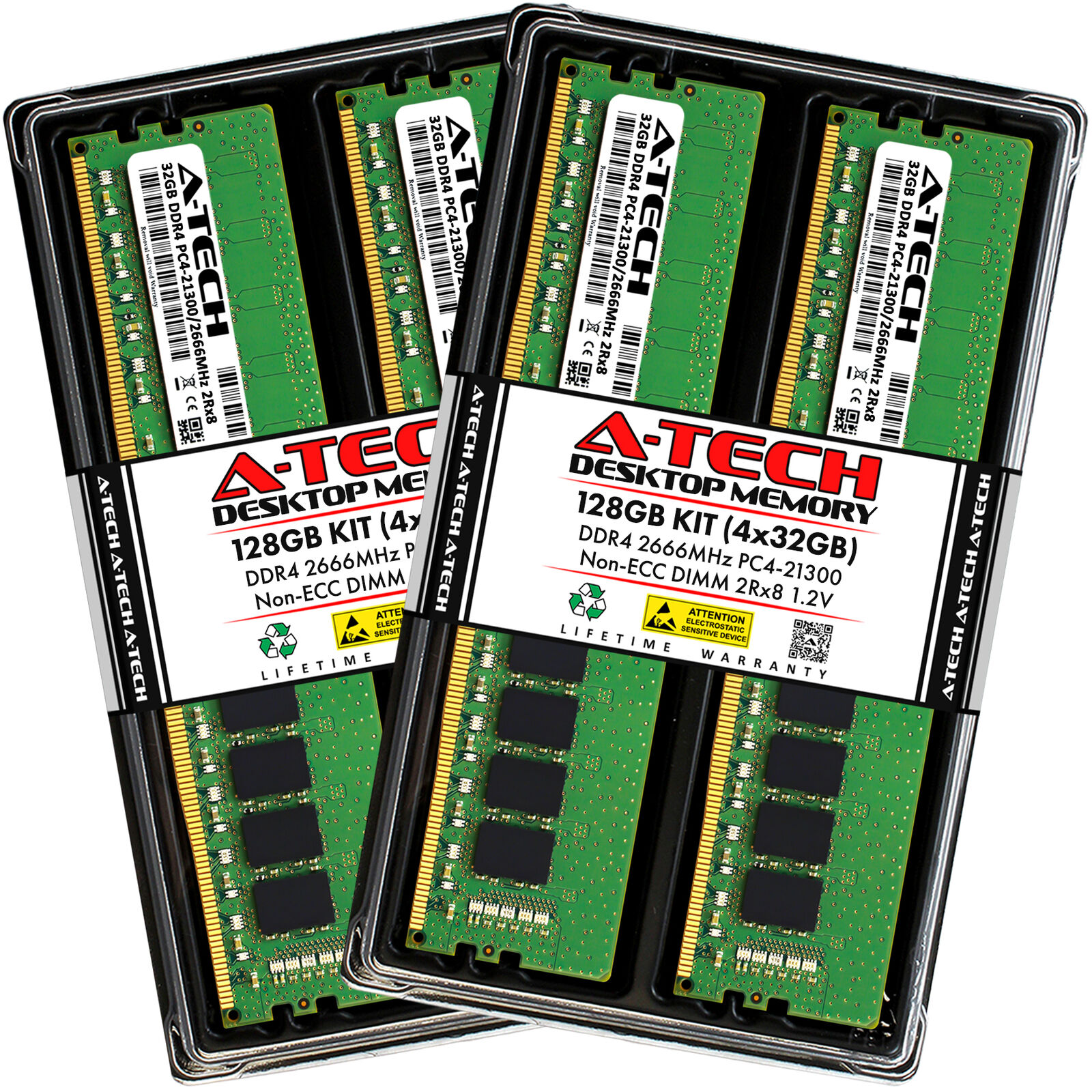 A-Tech 128GB 4x 32GB PC4-21300 Desktop DDR4 2666 Non-ECC DIMM 288-Pin Memory RAM