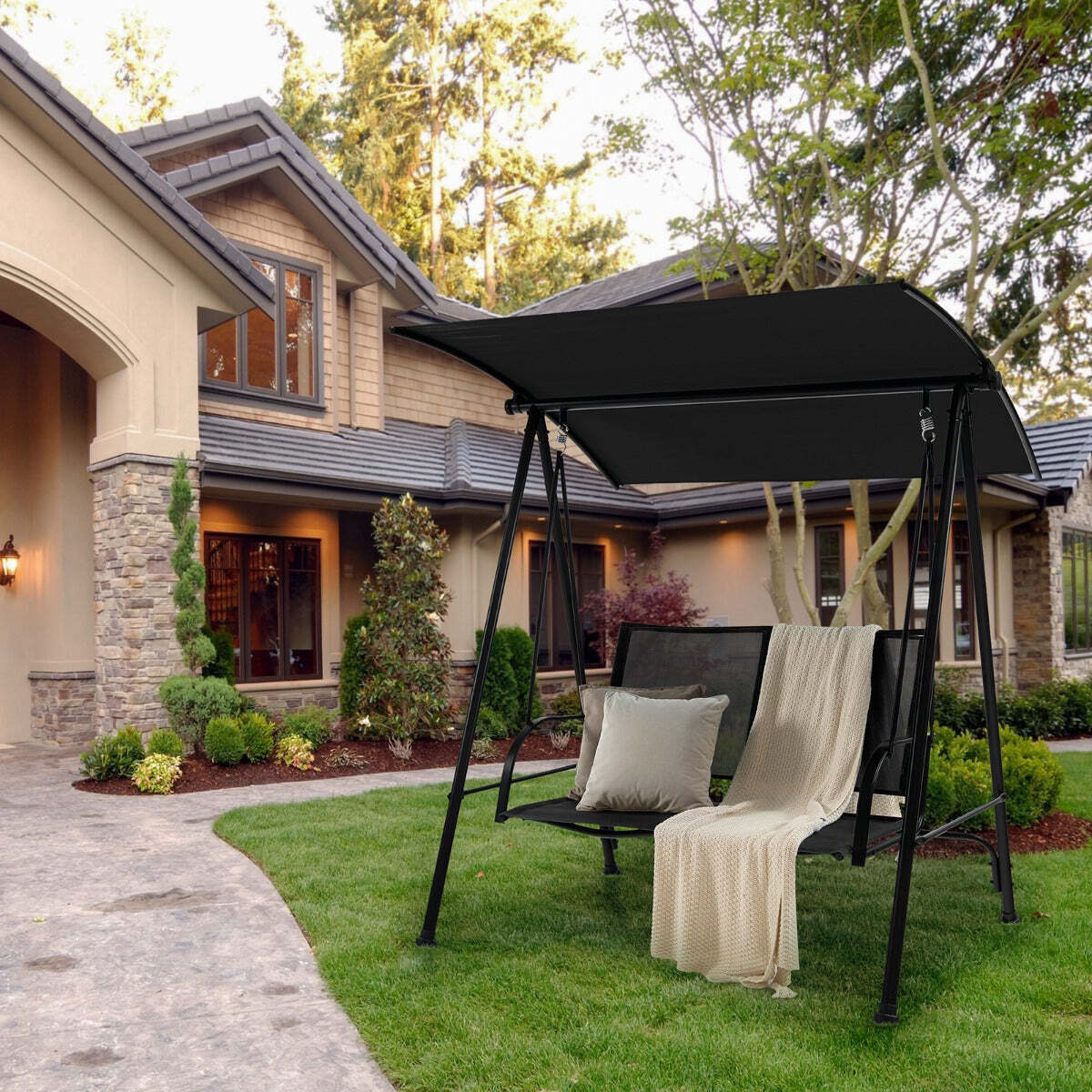 NNECW 2-seat Outdoor Swing with Adjustable Canopy for Patio/Garden-Black