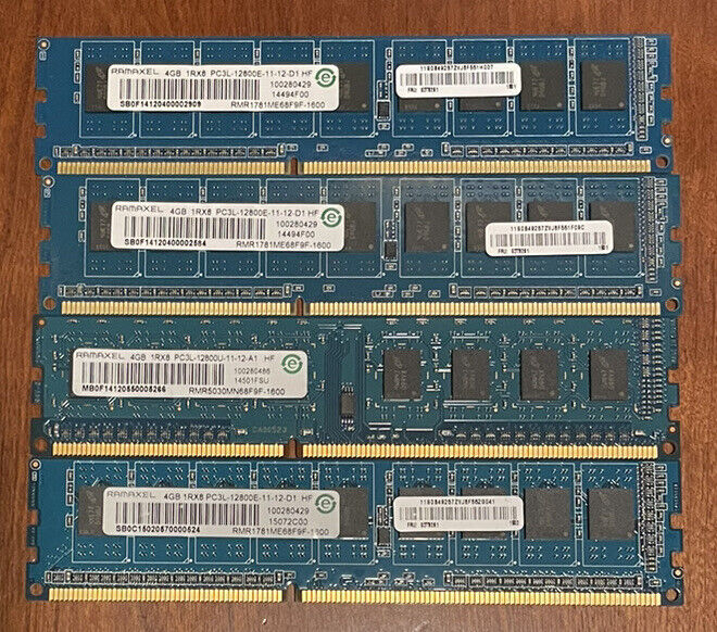 4 Sticks X Ramaxel 4GB 1RX8 PCL3-12800E-11-12-A1/D1 16GB TOTAL 03T6566 LENOVO