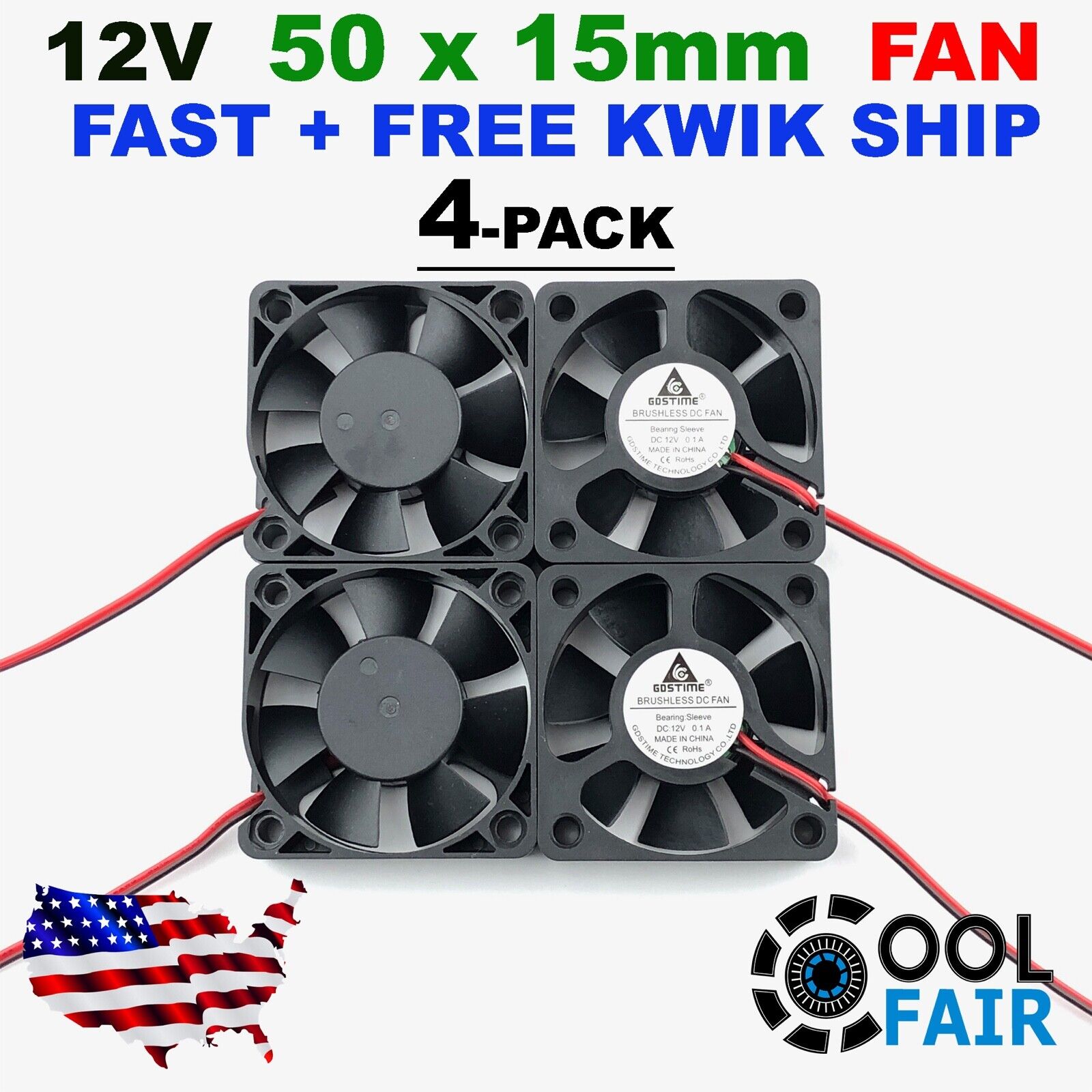 Gdstime 12v 50mm x 15mm Cooling Fan Brushless Axial 5015 50x50x15mm 2Pin 4Pcs