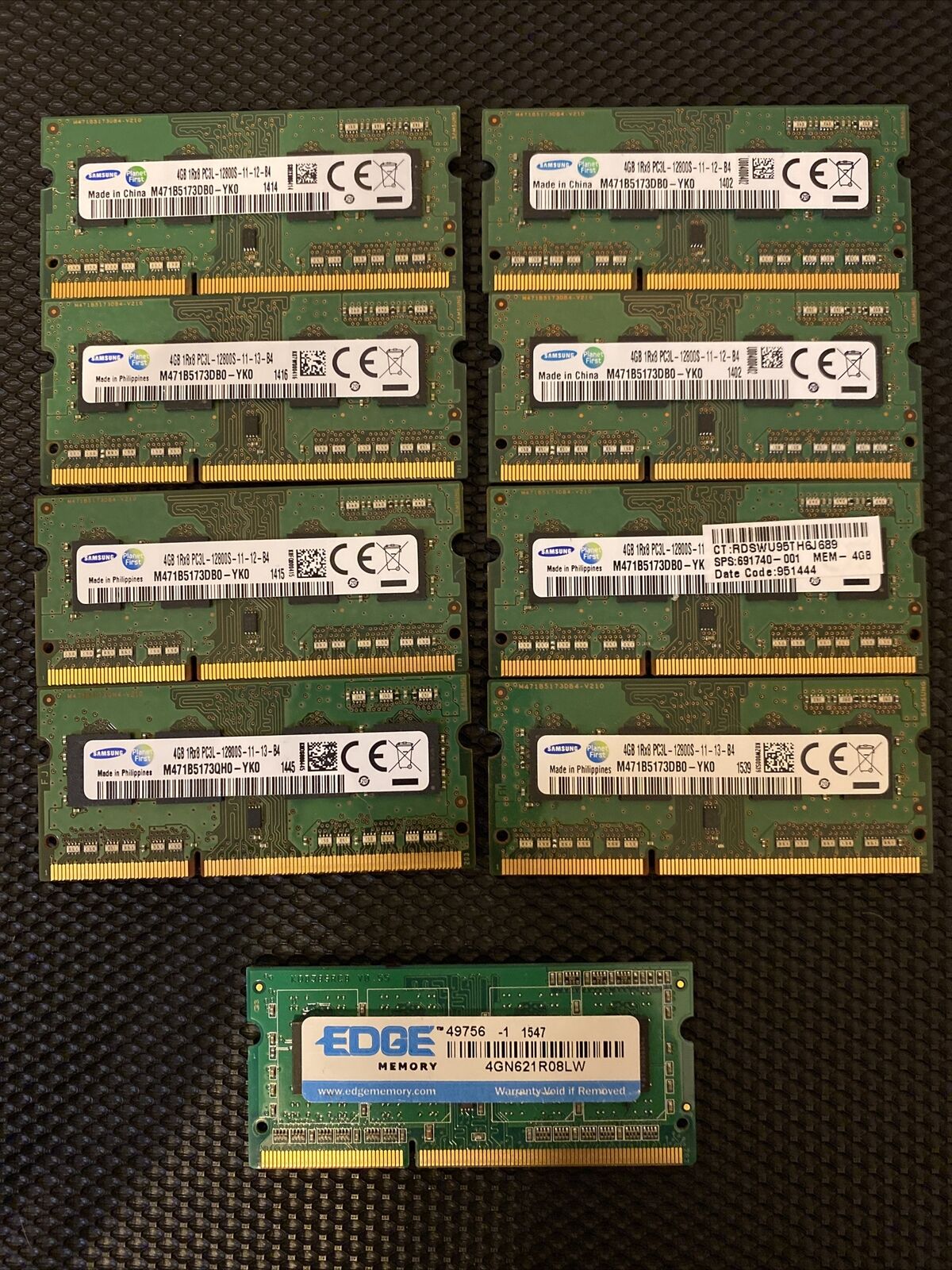 Lot of 8 Samsung 4GB DDR3 1Rx8 PC3L-12800S Laptop RAM modules