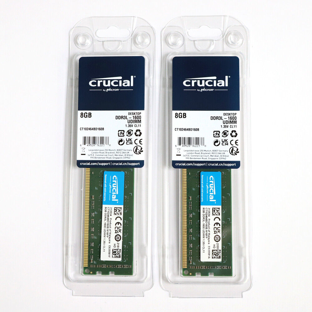 Crucial 16GB (2x 8GB) Kit DDR3L 1600MHz PC3-12800 UDIMM Desktop 240-Pin CL11 RAM