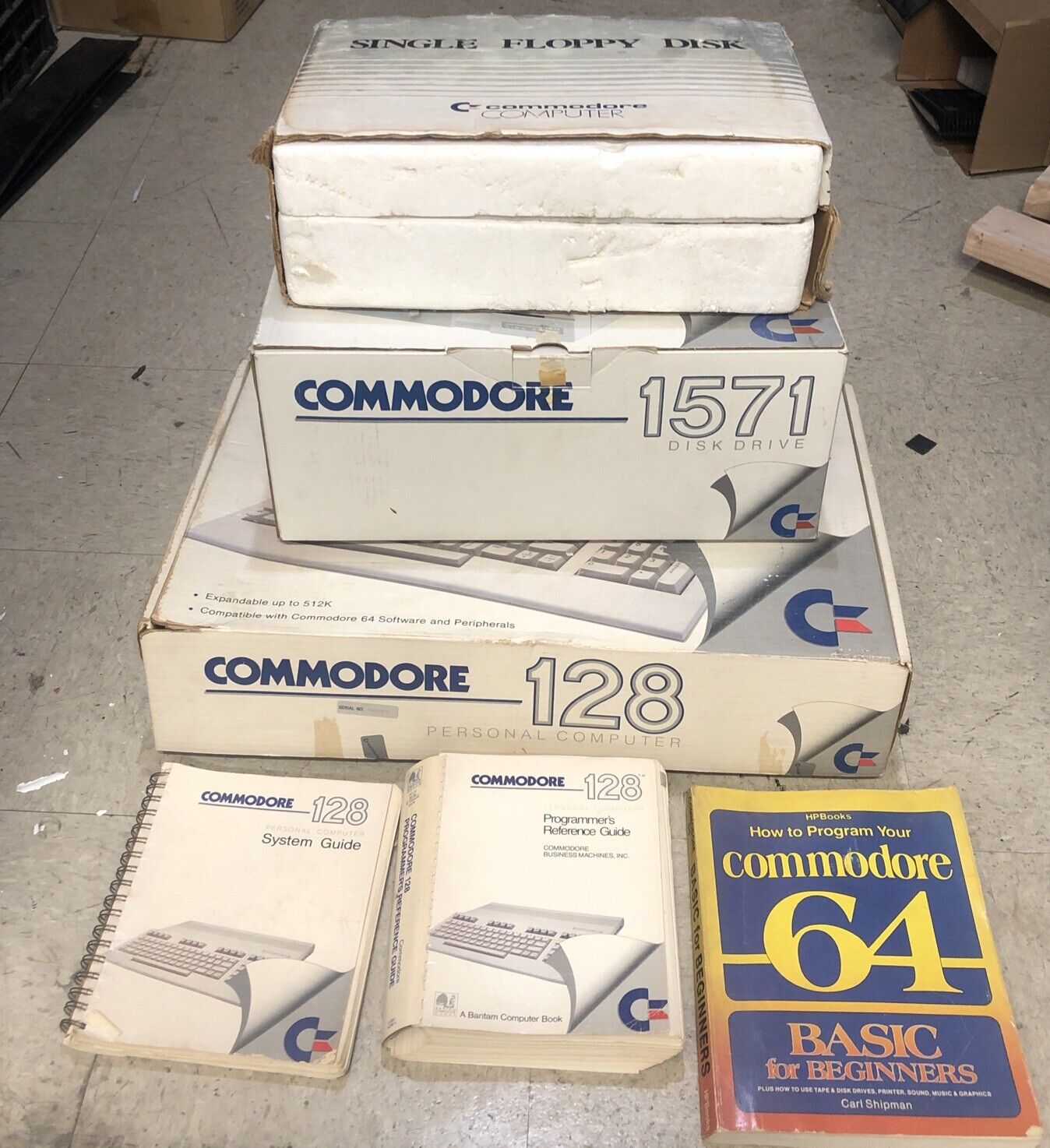 Commodore 128 Computer With Power Supply, Box, Manuals, 1571, 1541, Untested
