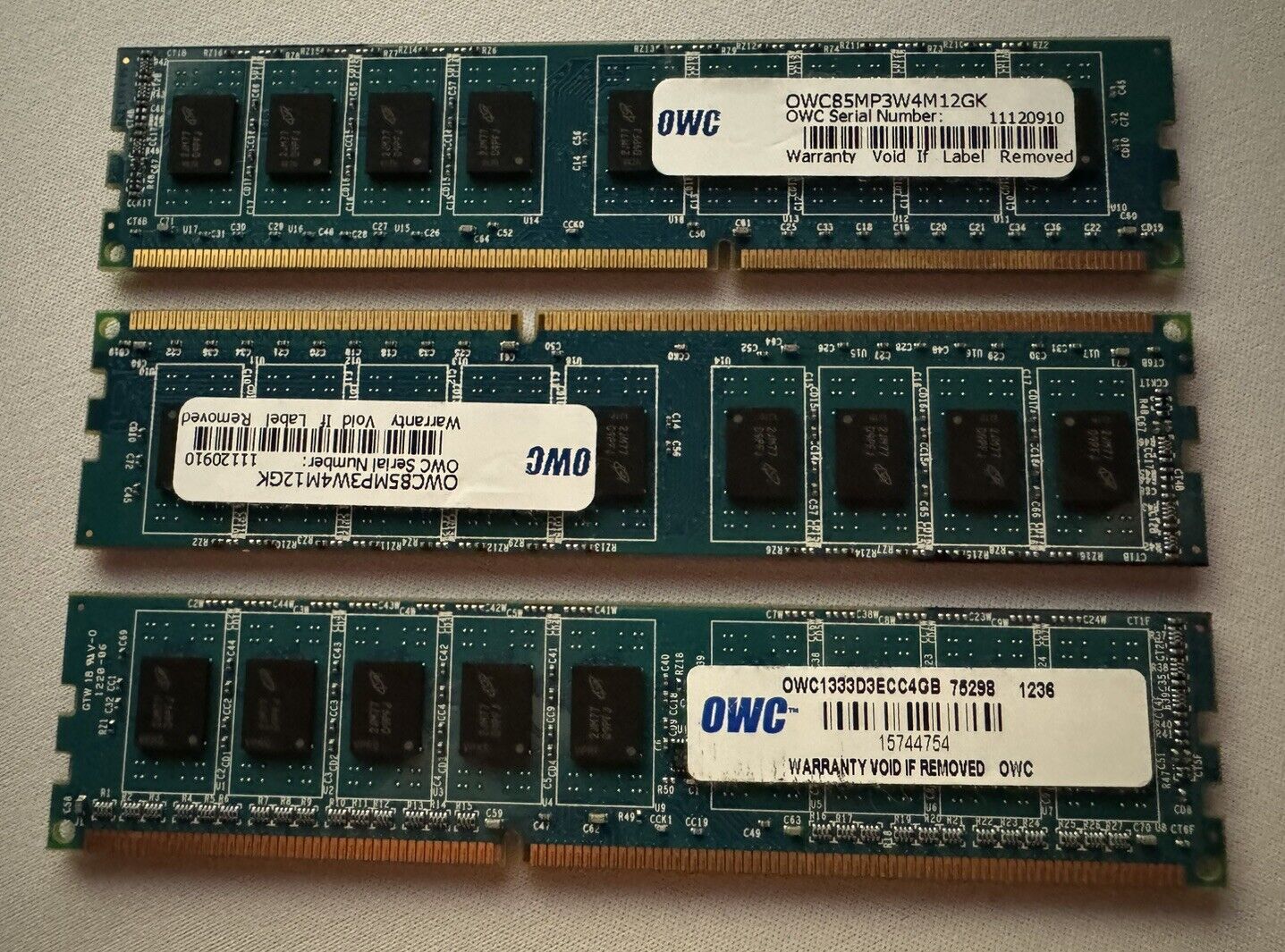Lightly Used - OWC 12gb kit - (4gb x 3 sticks) ECC Memory Model 1333D3ECC4GB 