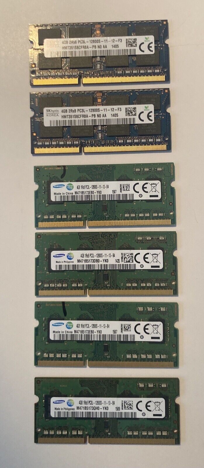 Samsung 4GB 1RX8 PC3L-12800S, SK Hynix 4GB 2Rx8 PC3L-12800S- Lot of 6 (24 GB)RAM