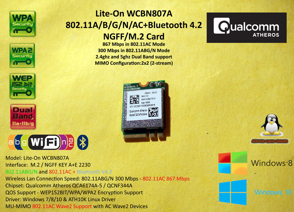 Atheros QCA6174 M.2 NGFF 802.11AC 867mbps Bluetooth 2.4/5Ghz Linux Wi-Fi