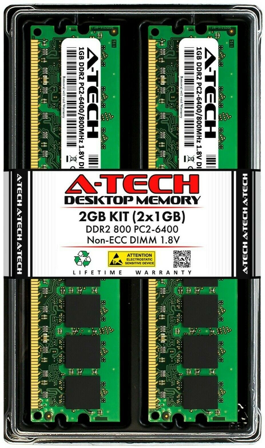 A-Tech 2GB 2 x 1GB PC2-6400 Desktop DDR2 800 MHz DIMM 240-Pin Non-ECC Memory RAM