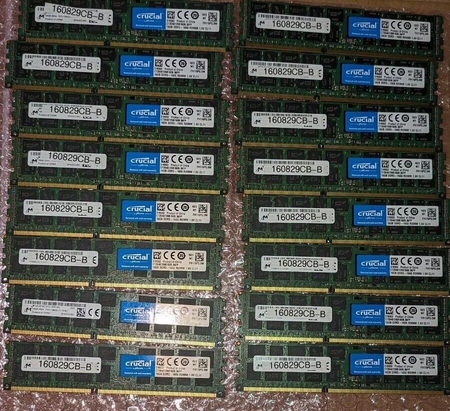 Lot of 16 Micron 16GB = 256gb  DDR3-1600 PC3-12800R 2Rx4 ECC REG MT36JSF2G72PZ