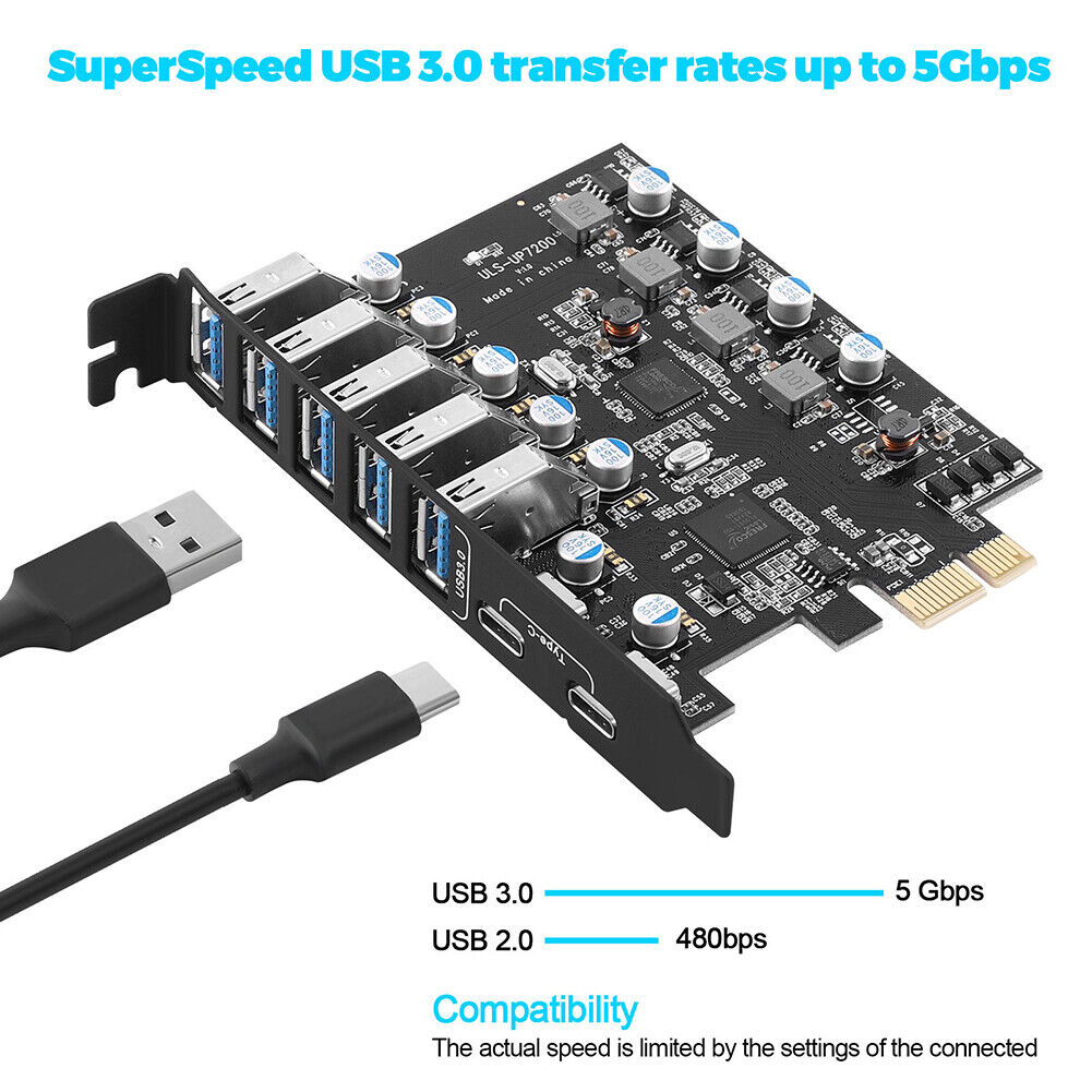 PCIe USB 3.0 Add in Card Support Windows XP/Vista/Server/7/8/10 Controller 5Gbps