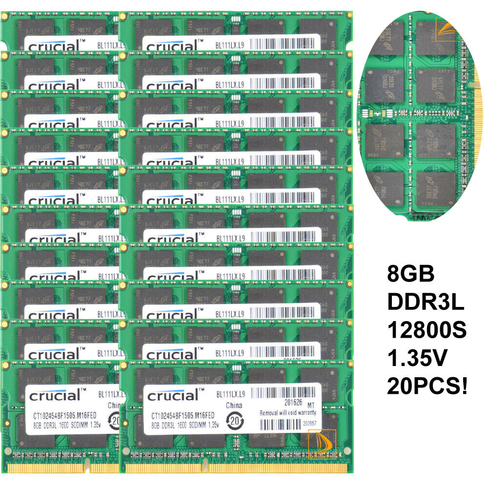 Crucial DDR3L 160 GB RAM 20x 8GB RAM PC3L-12800S SODIMM 1600Mhz Laptop Memory