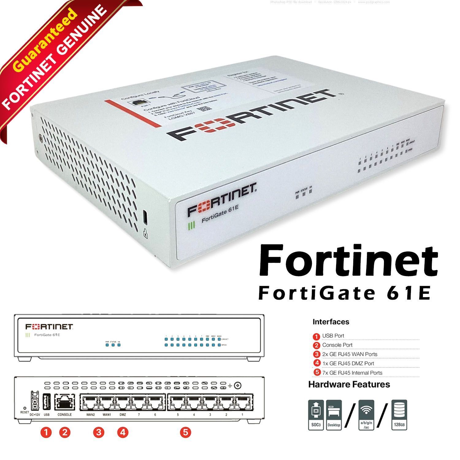 Fortinet Fortigate FG-61E Firewall Network Security Appliance ATP Bundle 1 years
