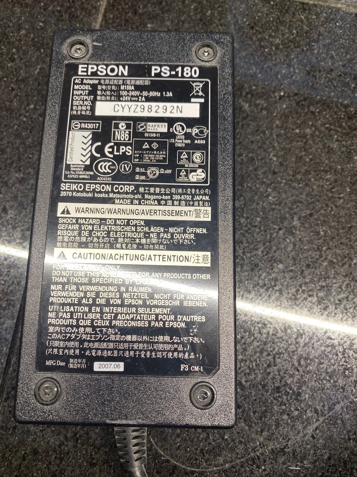 Epson PS-180 M159A AC Adapter Power Supply 24V 2A M159A M159A +24V 2A 110V
