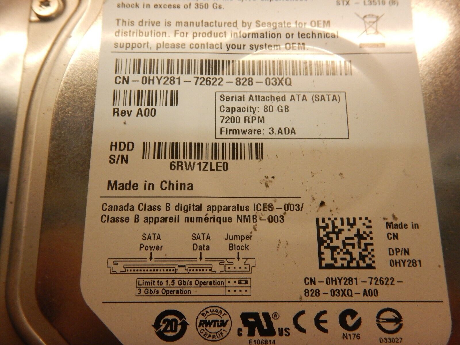 Dell 0HY281 80Gb SATA 7200RPM Hard Disk Drive