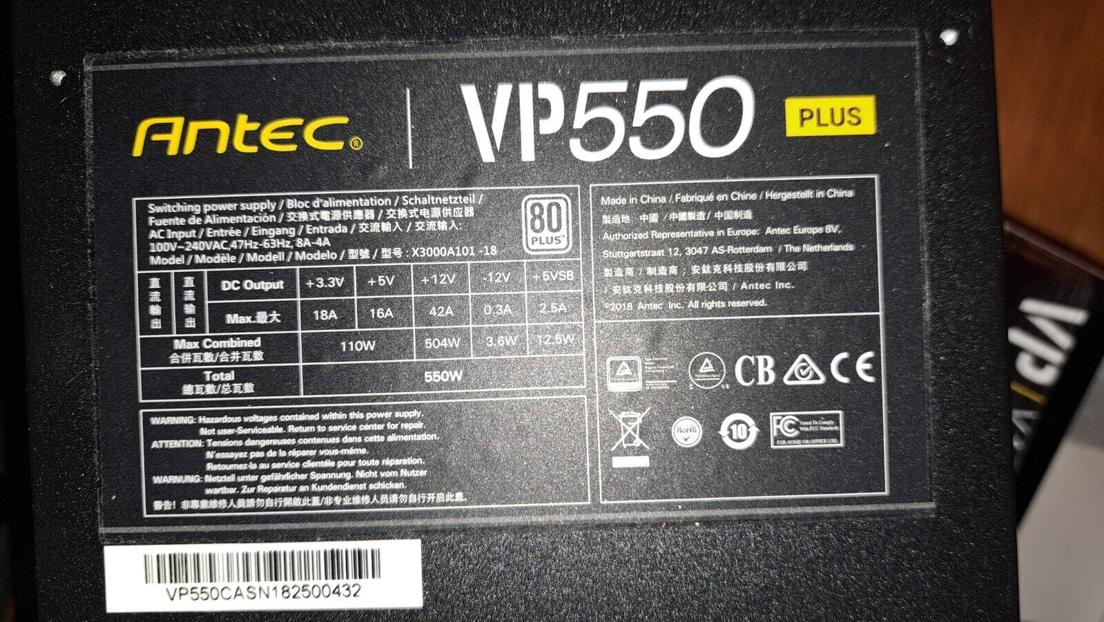 Antec 550W Power Supply VP550F 80 Plus 80+ used but very clean and in good shape