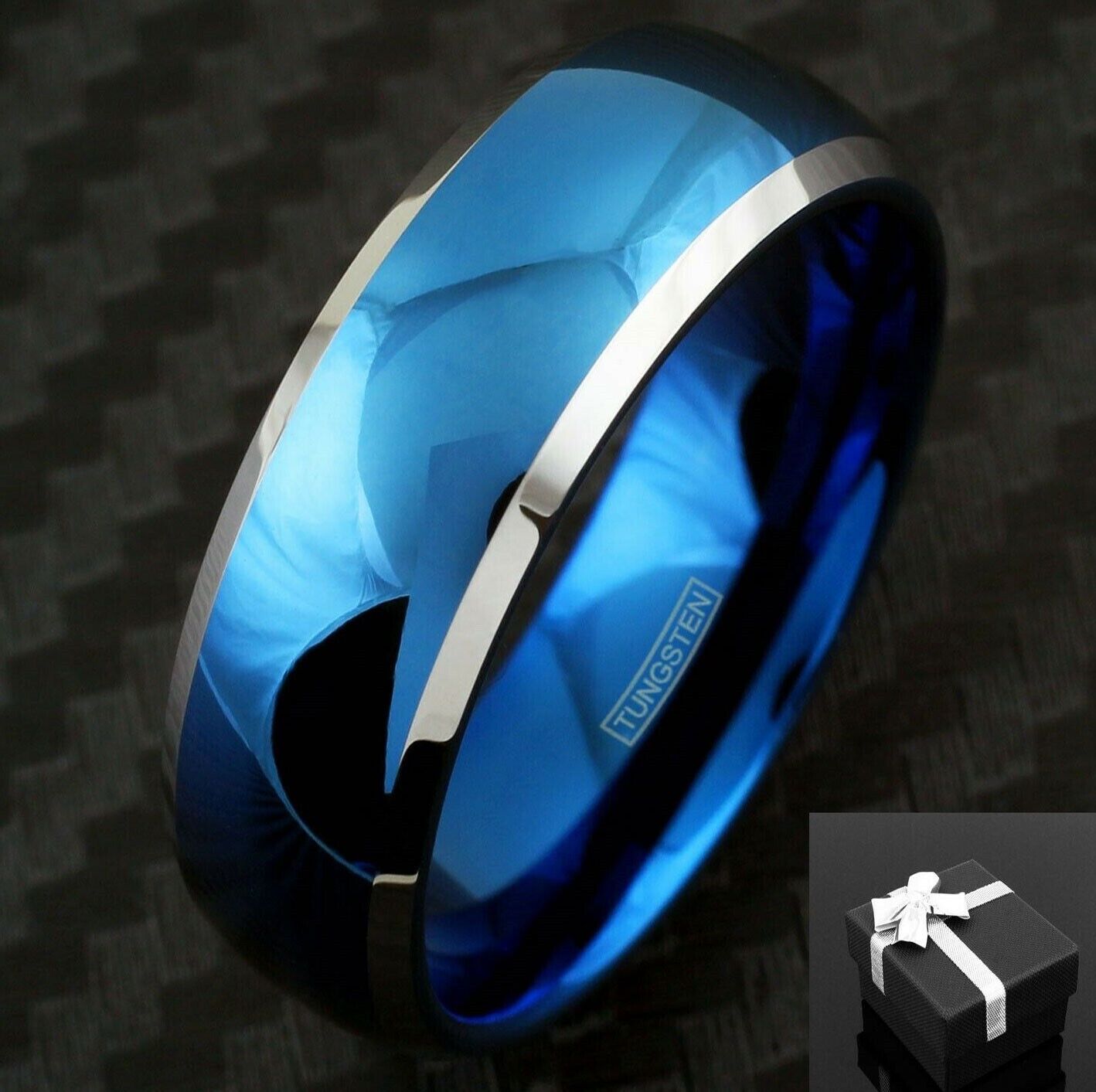 8mm Tungsten Carbide Men\'s Blue Domed with Beveled Silver Edge Wedding Band Ring