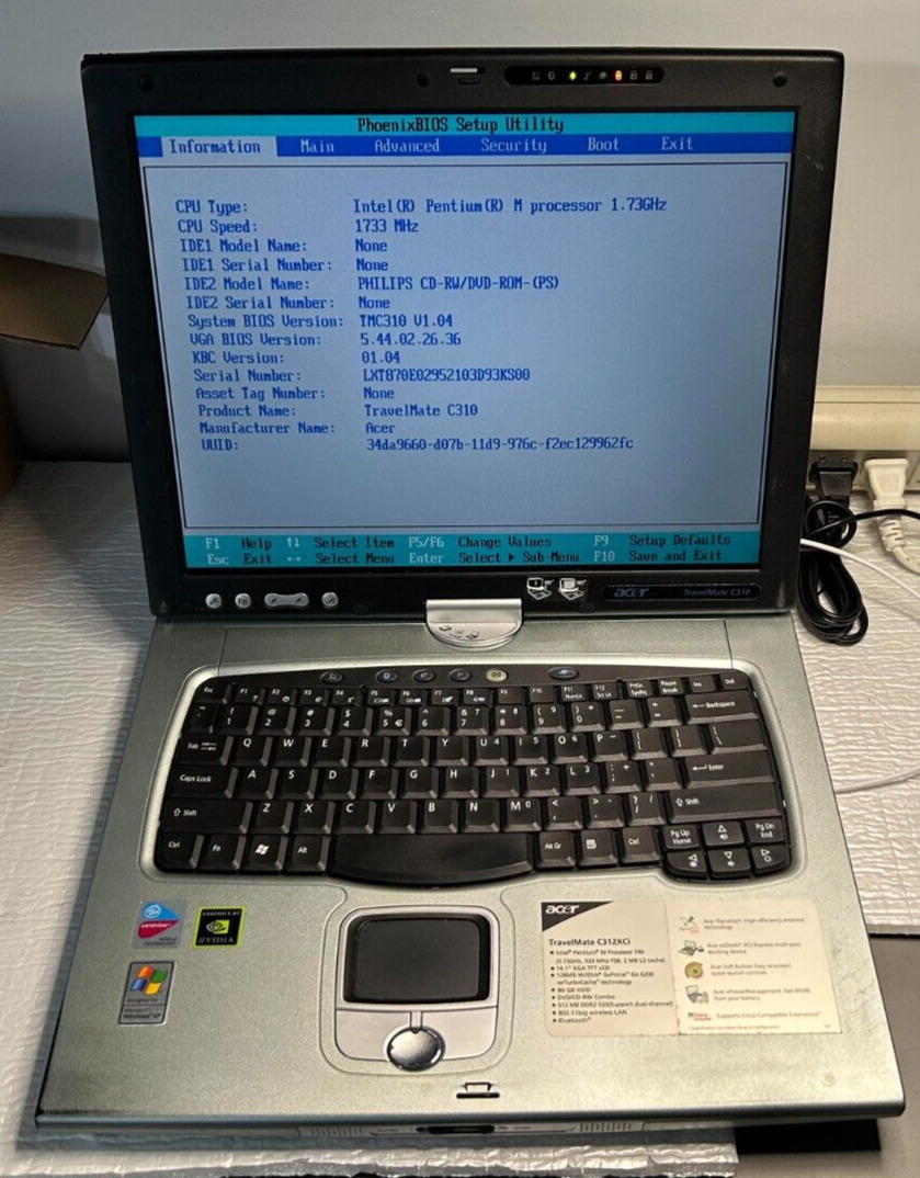Vintage Acer Travelmate C310 Laptop Intel Pentium M 1.73GHz NO RAM NO HDD