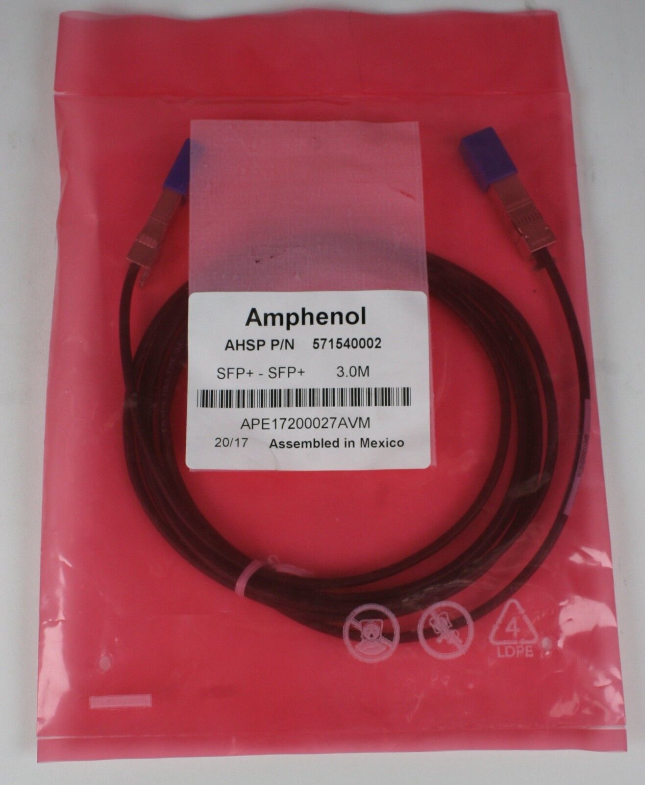 Amphenol 571540002 3M SFP+ 10GbE Direct Attach Passive Copper TwinAxial Cable