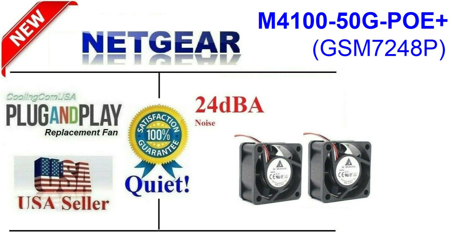 2x Quiet Version Replacement Fans for Netgear M4100-50G-POE+ (GSM7248P)