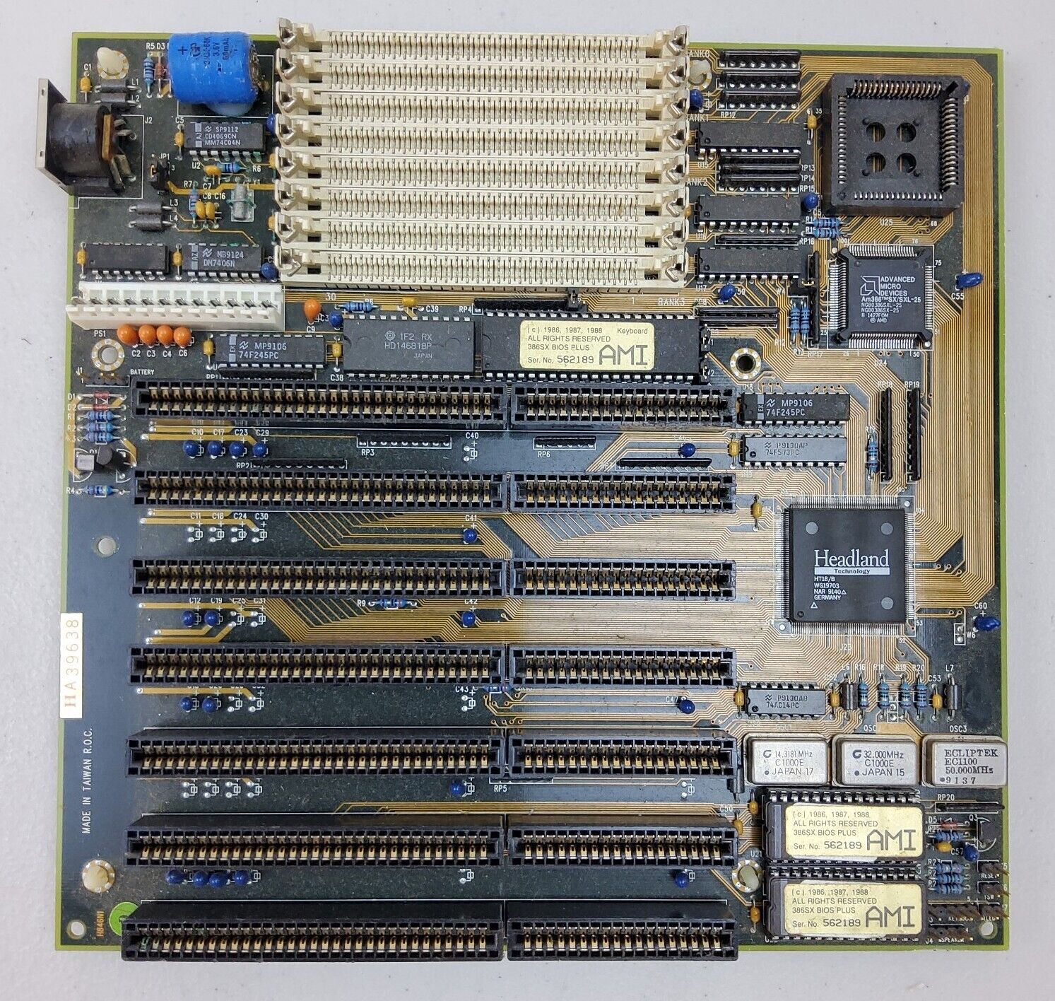 AMI 562189 386SX Motherboard Circuit Board System PTP MV-0 80's Retro PC Gaming