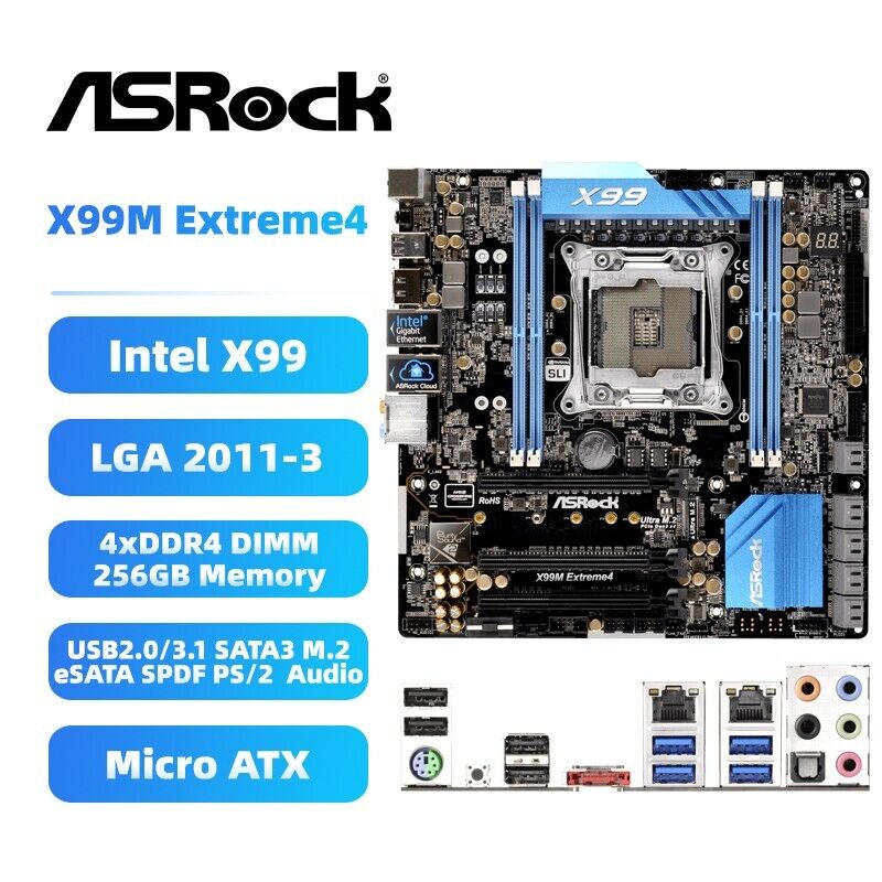 ASRock X99M Extreme4 Motherboard M-ATX Intel X99 LGA2011-3 DDR4 SATA3 M.2 eSATA