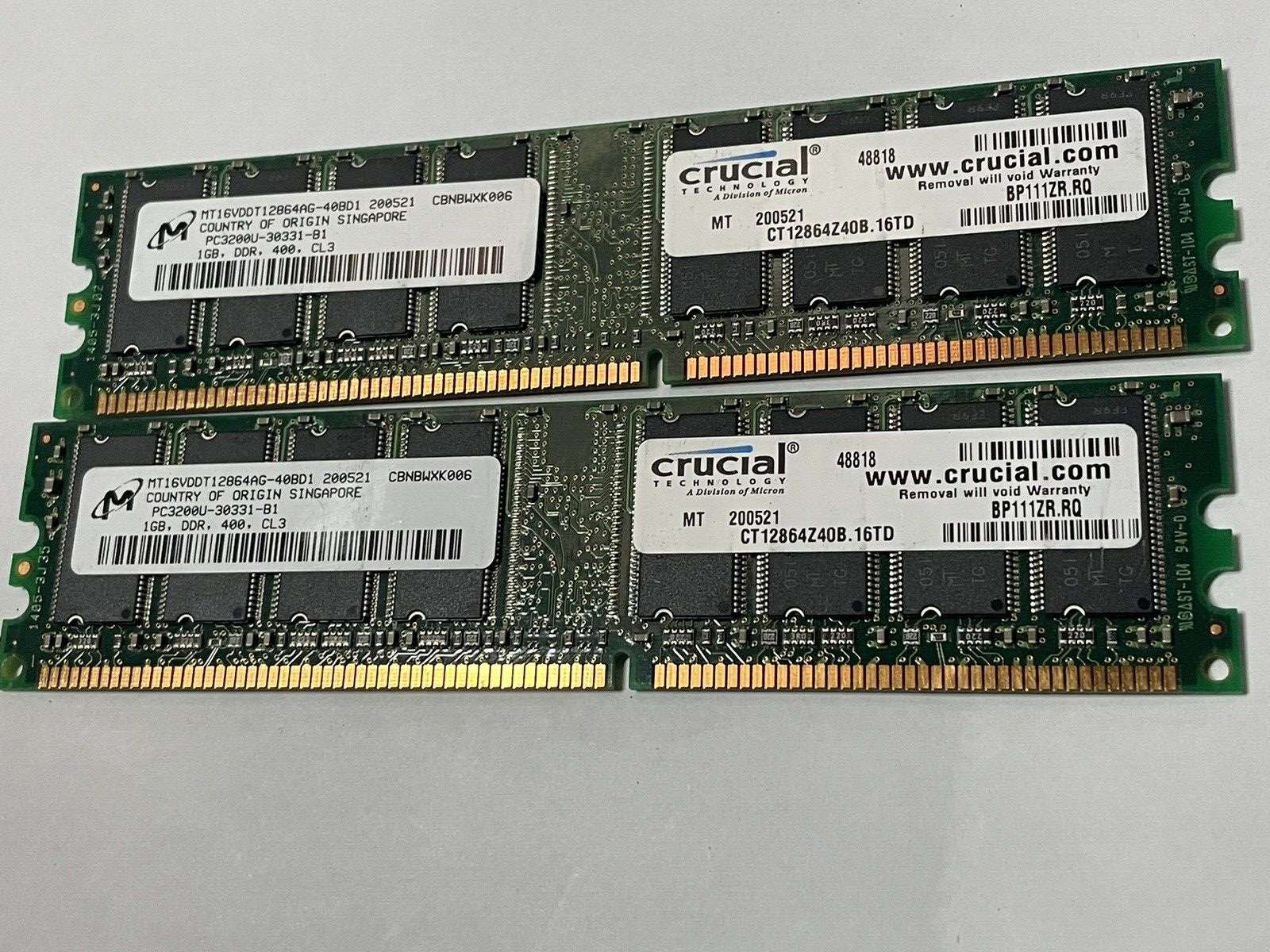 Lot of 2 Crucial CT12864Z40B 1GB DDR PC-3200U Desktop RAM Memory