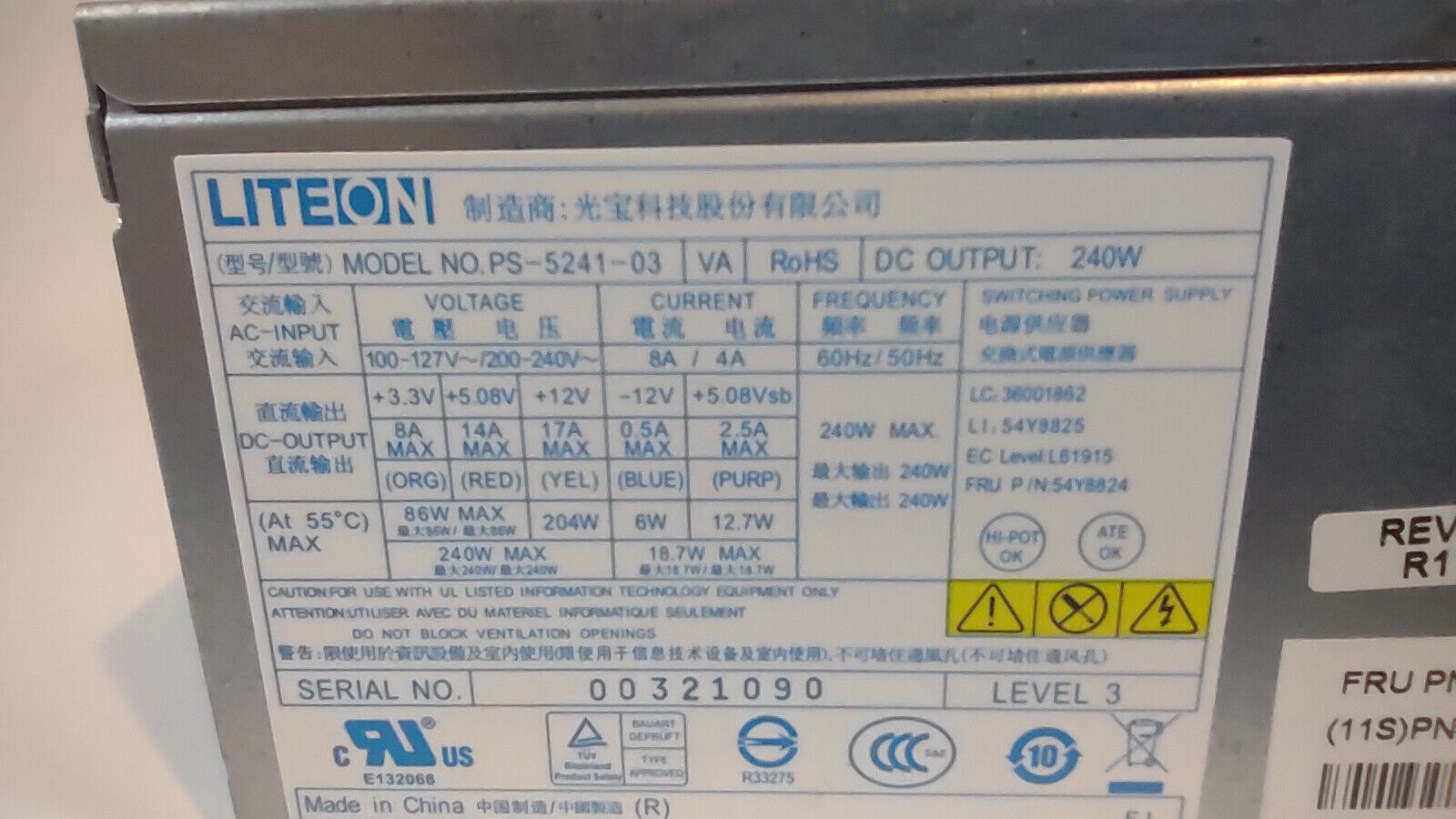 LIte On Liteon Lenovo PS-5241-03 FRU 54Y8825 240W  Power Supply TESTED