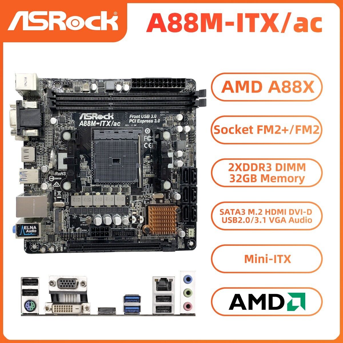 ASRock A88M-ITX/ac Motherboard Mini-ITX AMD A88X FM2+ DDR3 SATA3 HDMI VGA M.2