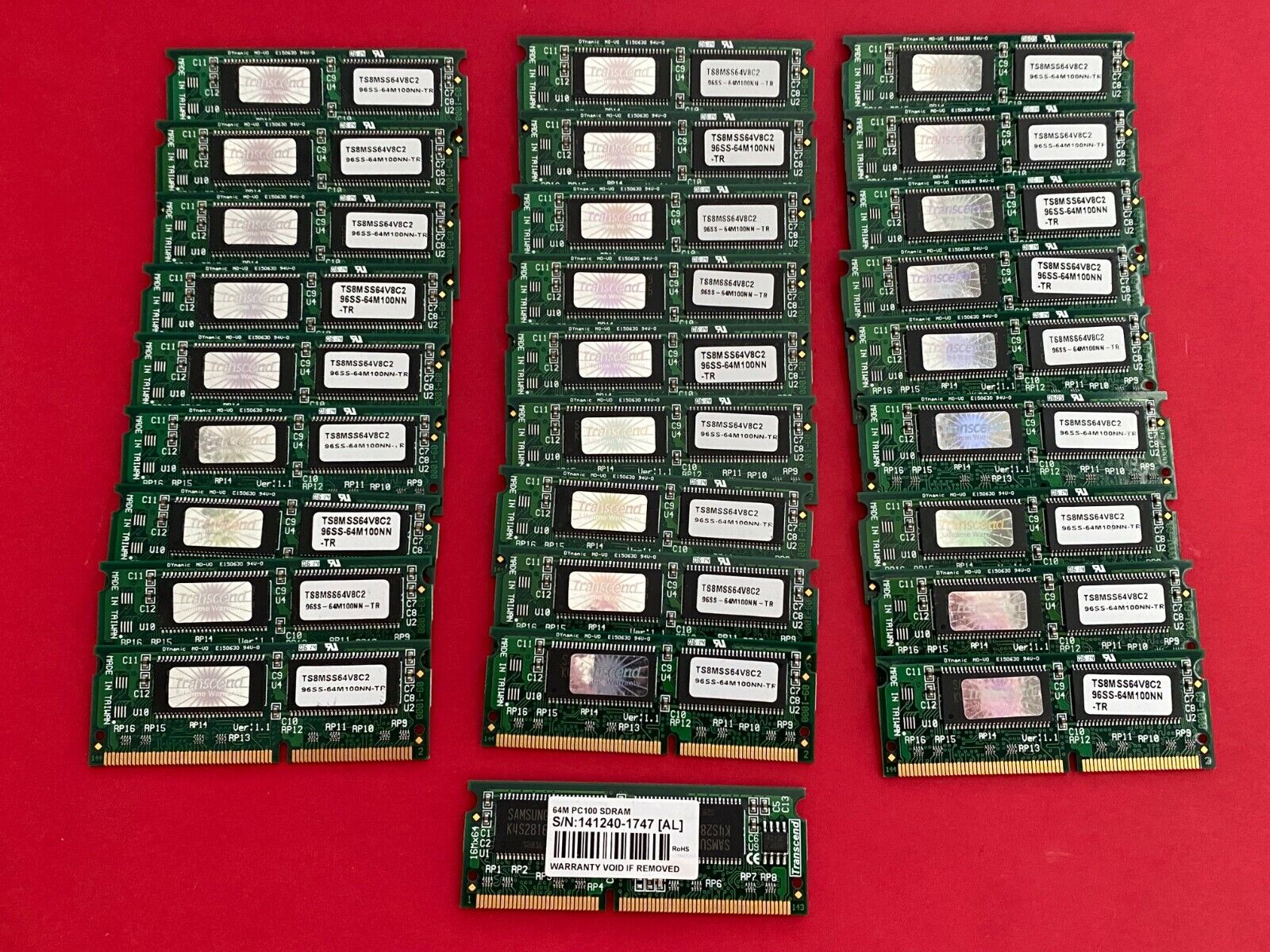Transcend TS8MSS64V8C2 144PIN PC100 Unbuffered DIMM 64MB With 8Mx16 CL2, 2pc Lot
