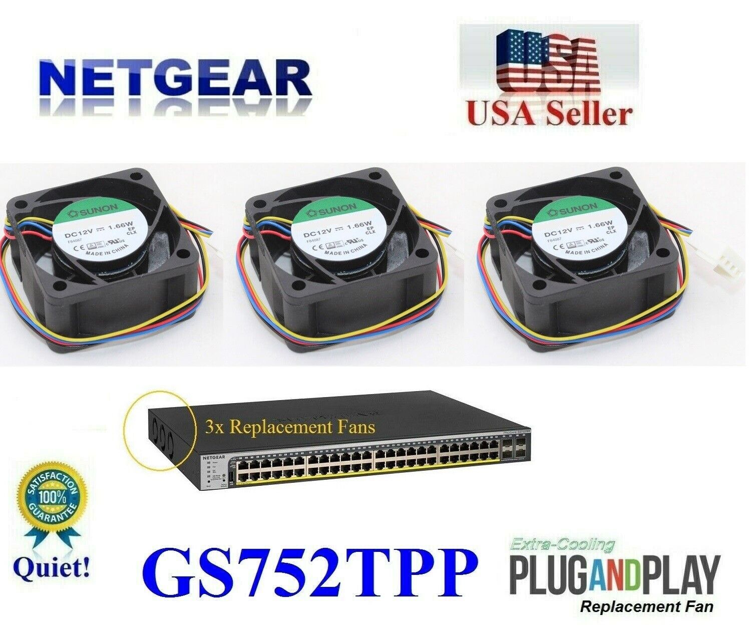 3 Pack Quiet Version Replacement Fans for NETGEAR GS752TPP Smart Pro Switch