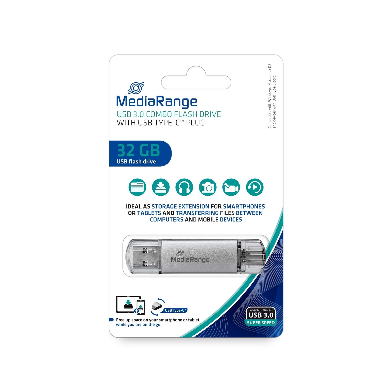 MediaRange MR936 USB Stick 32GB silver Combo Flash Drive USB 3.1 + Type C 32 GB