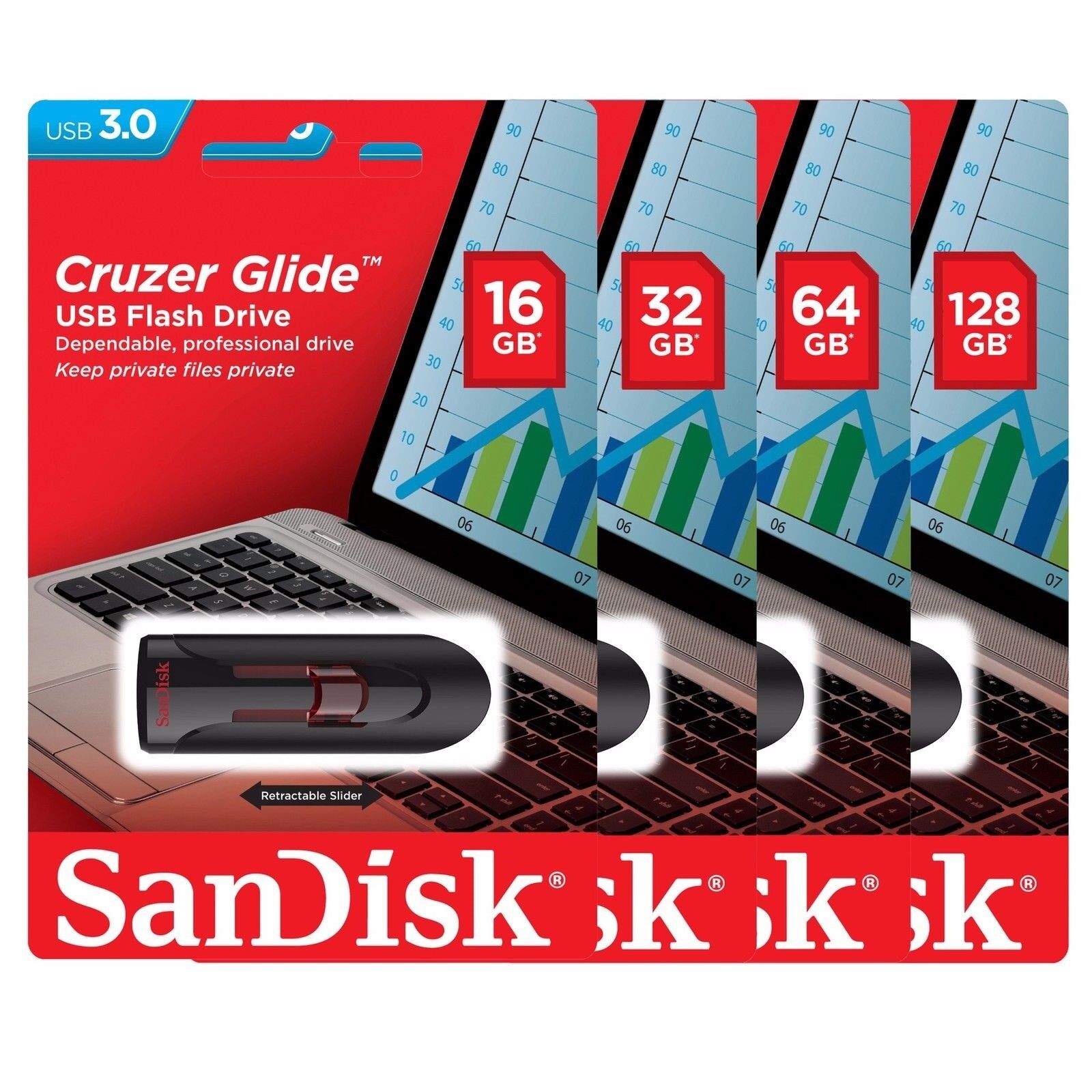SanDisk Cruzer Glide 128GB 64GB 32GB 16GB USB 3.0 Flash Drive Thumb Stick Memory