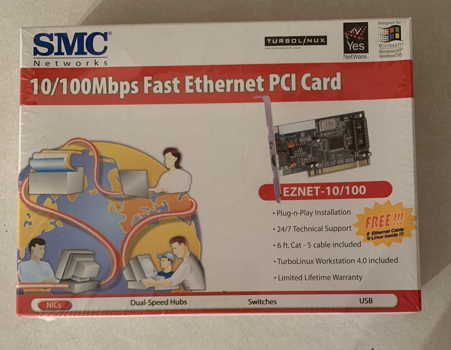 SMC Networks EZNet 10/100 Mbps Sealed Fast Ethernet PCI Card New Cable Linux