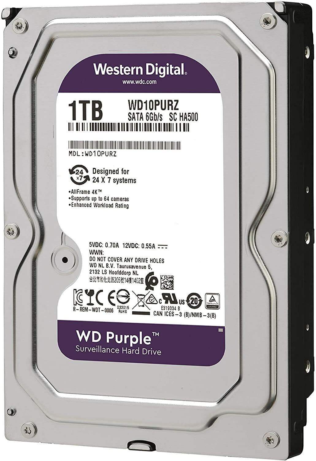 Western Digital Purple HDD 1 TB,Internal,5400 RPM,3.5 inch (WD10PURZ) Hard Drive