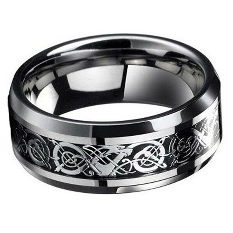 #8 Cool Titanium Stainless Steel Men\'s Silver Dragon Wedding Band Rings