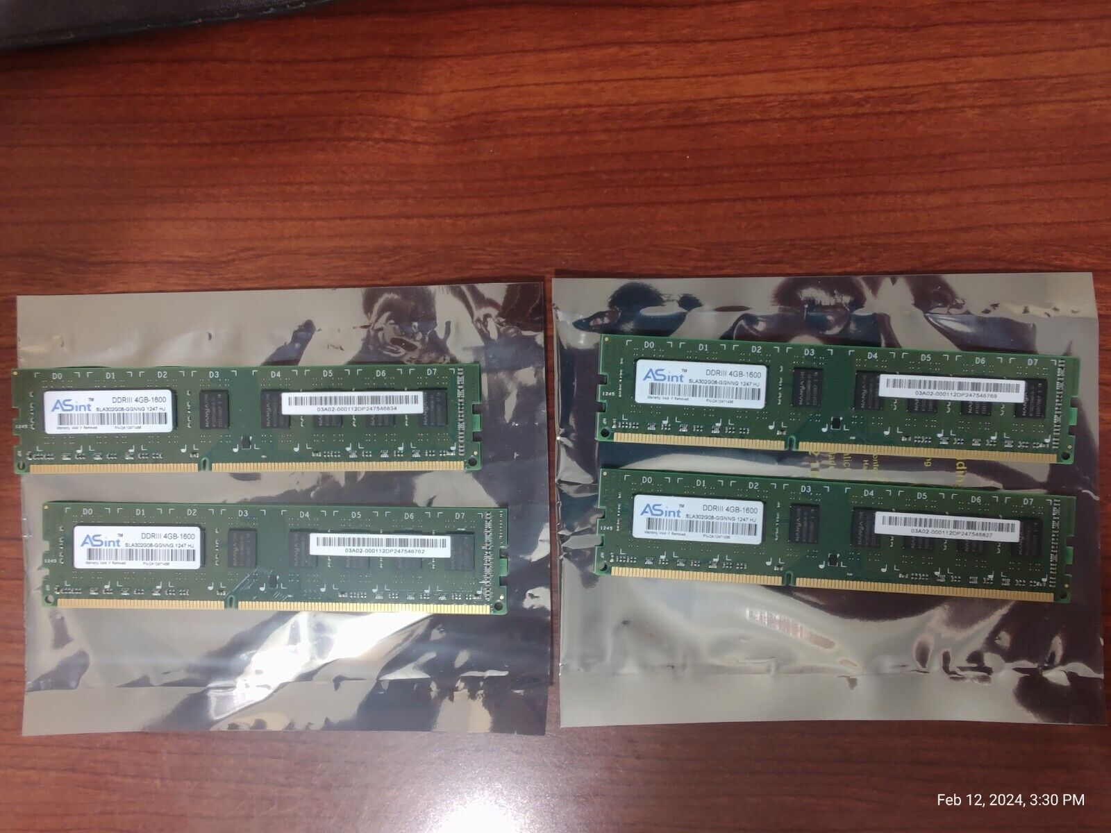 Four (4) sticks ASint 4GB-16 DDR3 RAM SLA302G08-GGNNG 1247 HJ (16GB RAM Total)