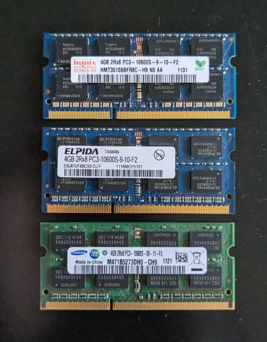 12GB 3x 4GB HP 621569-001 Samsung, Elpida, Hynix PC3-10600S-9-10-F2 Laptop RAM