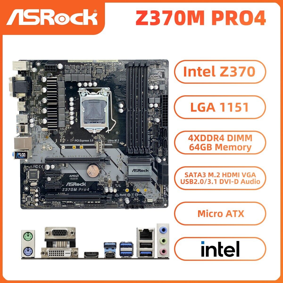 ASRock Z370M PRO4 Motherboard M-ATX Intel Z370 LGA1151 DDR4 64GB SATA3 HDMI VGA