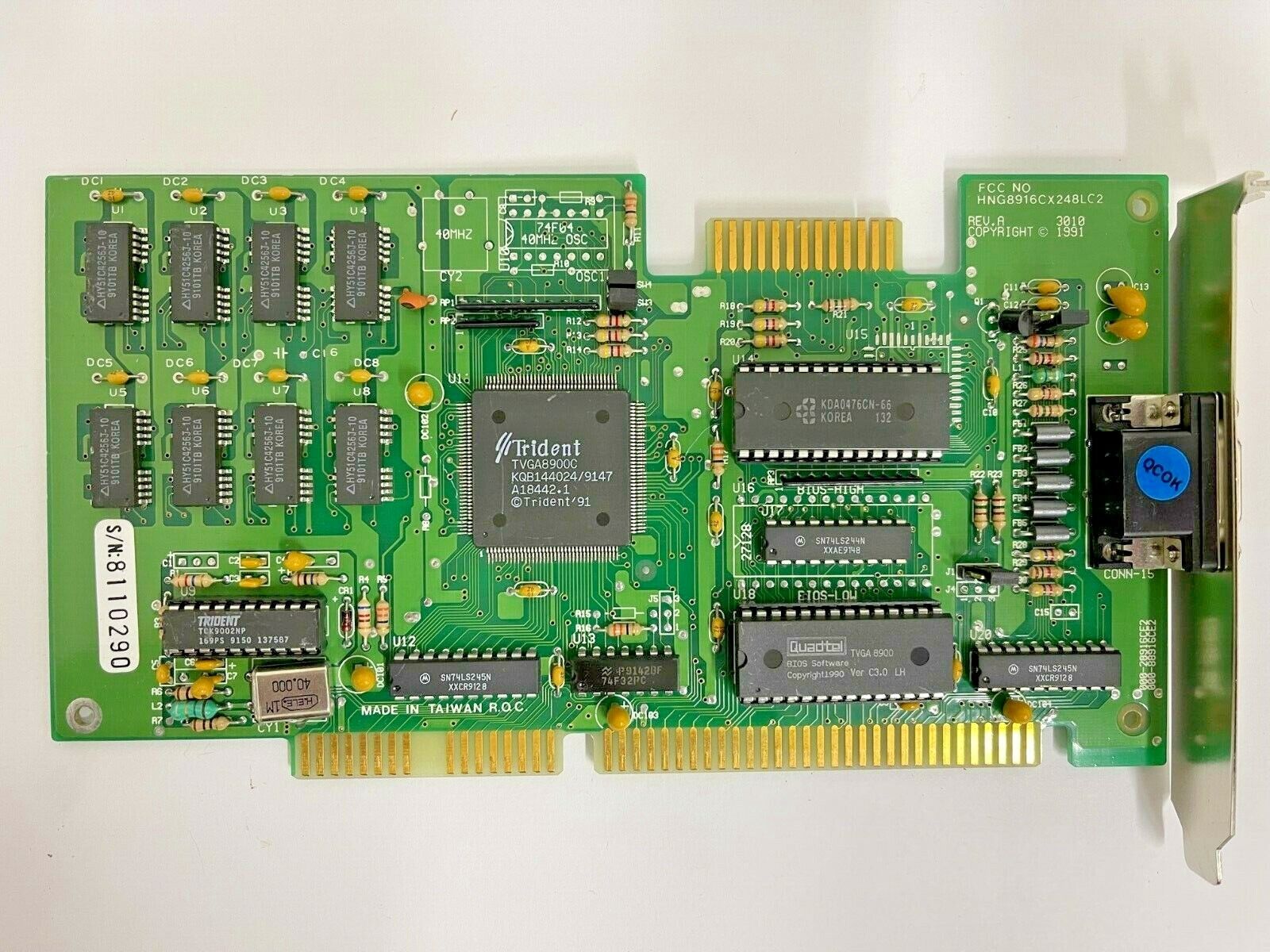 RARE VINTAGE 1991 TRIDENT TVGA8900C 1 MEG 16 BIT ISA VGA CARD GREEN PCB MXB32