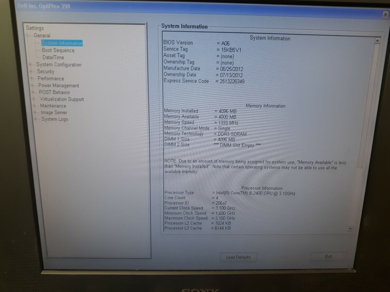Motherboard From Dell Optiplex 390 Intel Core i5-2400 @ 3.10 GHz + 4 GB RAM
