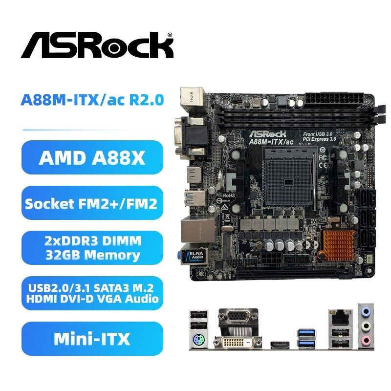 ASRock A88M-ITX/ac R2.0 Motherboard Mini-ITX AMD A88X FM2+/FM2 DDR3 SATA3 HDMI