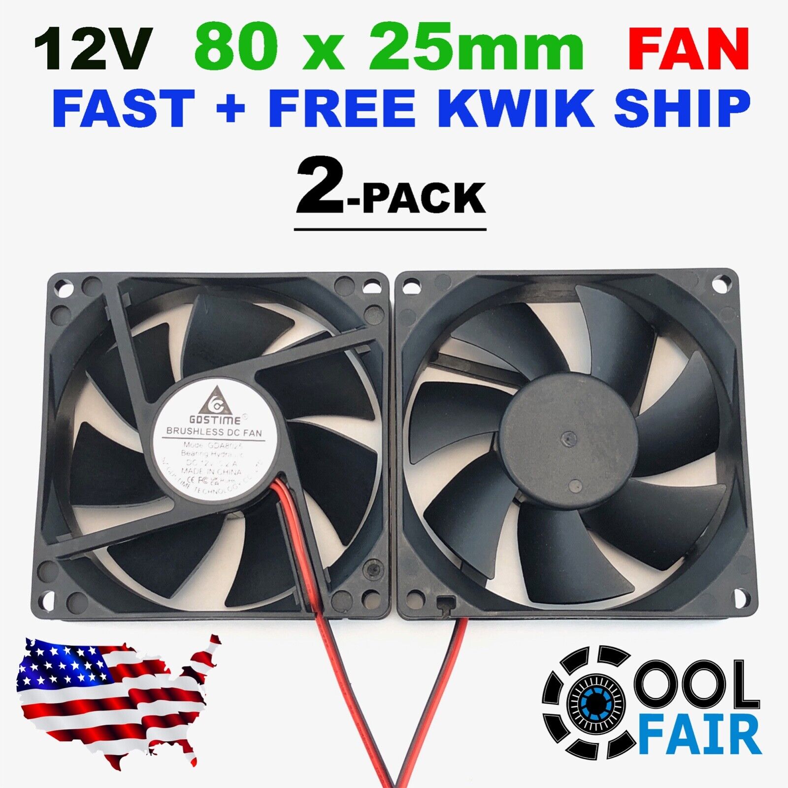 Gdstime 80mm 8025 12v DC Cooling Fan Computer Case 2-Pin 80mmx80mmx25mm 2-Pack
