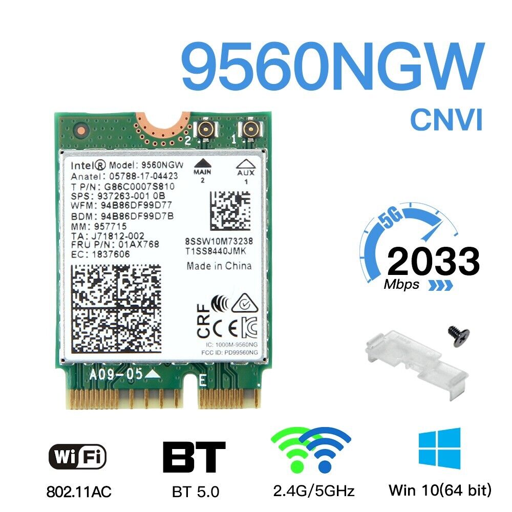 9560AC M.2 CNVI WiFi Card Dual Band 802.11ac BT5.0 Network Adapter for Win 10/11