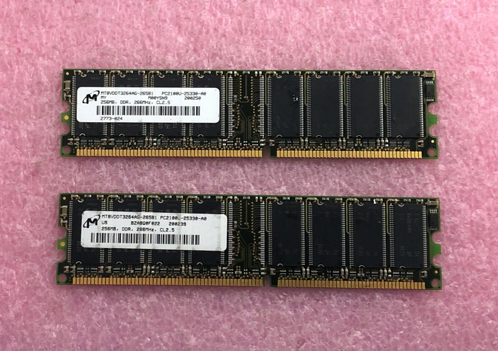 2 X 256MB MICRON DDR266 PC2100 NON-ECC MEMORY MT8VDDT3264AG-265B1 - 512MB TOTAL