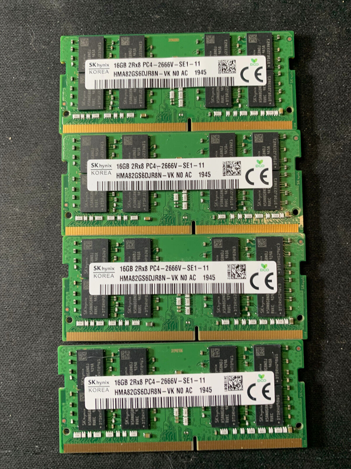 Lot of 4 - Hynix skHynix 16GB 2Rx8 PC4-2666V DDR4 SODIMM HMA82GS6DJR8N-VK N0 AC