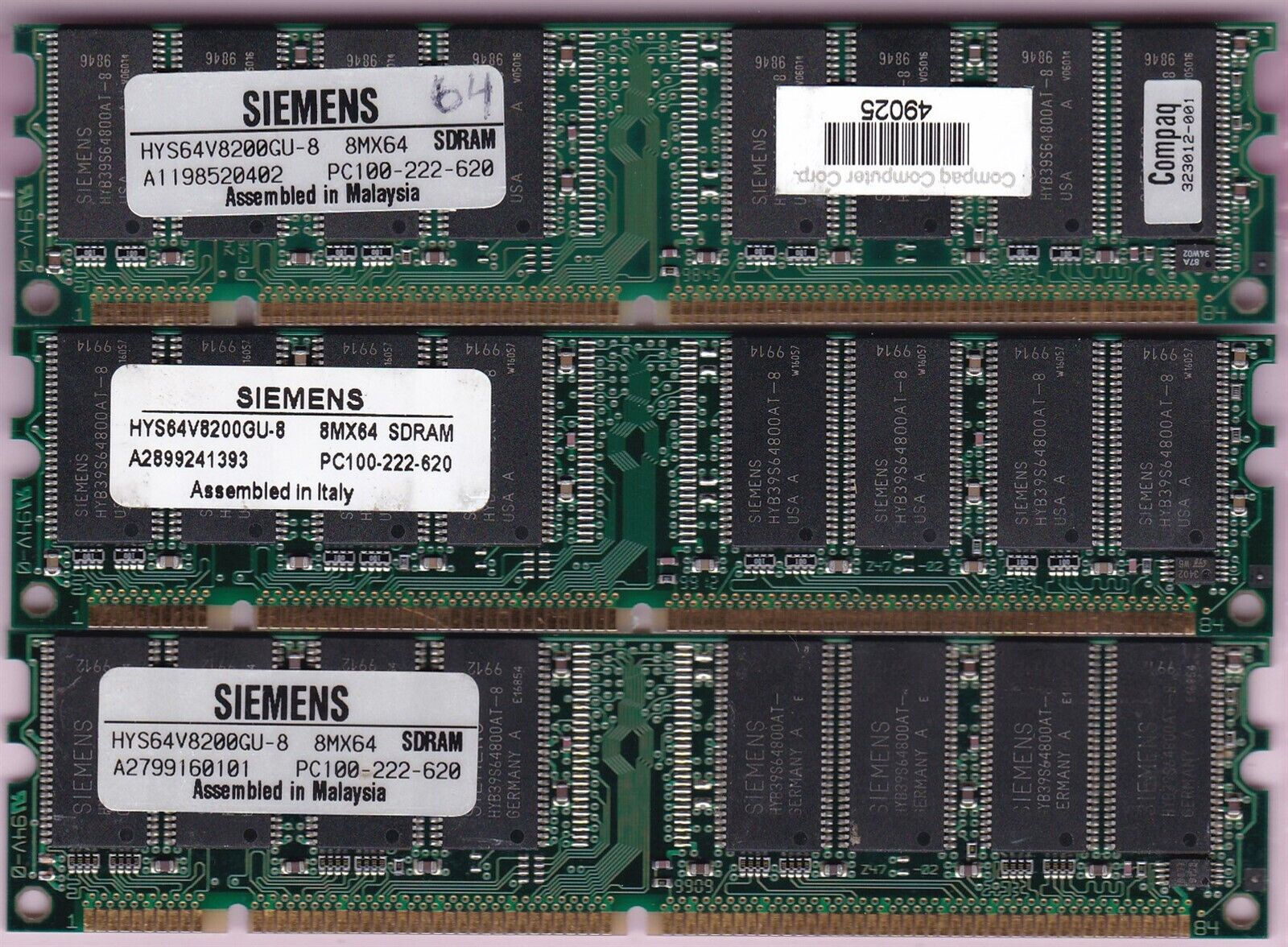 192MB 3x64MB PC-100 SIEMENS HYS64V8200GU-8 COMPAQ 323012-001 PC100 3.3V SDR Kit