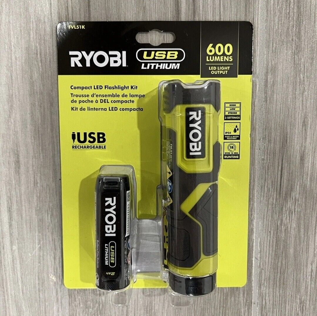 Ryobi 600 Lumens USB Lithium Compact Flashlight Kit FVL51K New