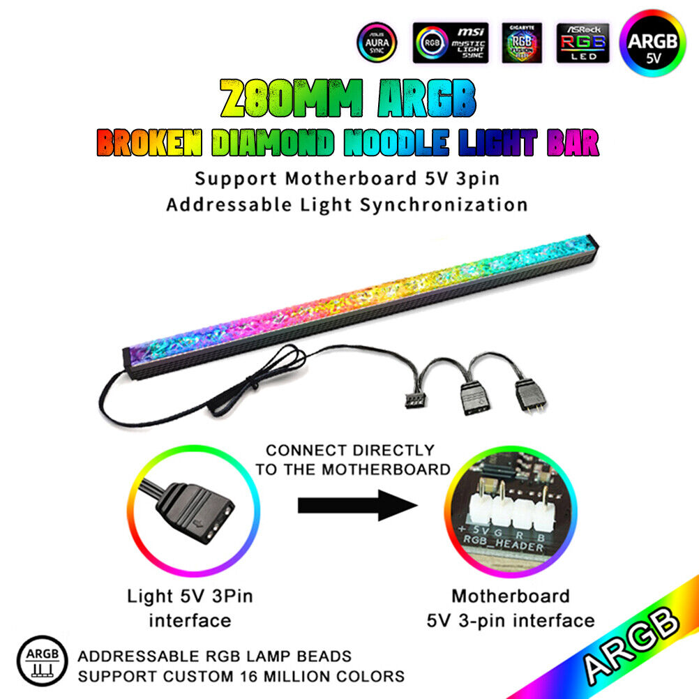 LED Crystalline Light Bar 280mm RGB Addressable 3-Pin 5V Digital Neon Kit DIY PC
