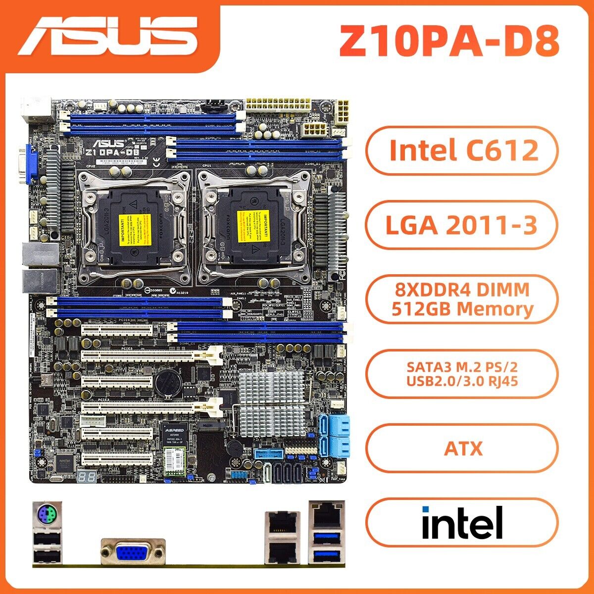 ASUS Z10PA-D8 Motherboard ATX Intel C612 LGA2011-3 DDR4 SATA3 M.2 VGA PS/2 RJ45