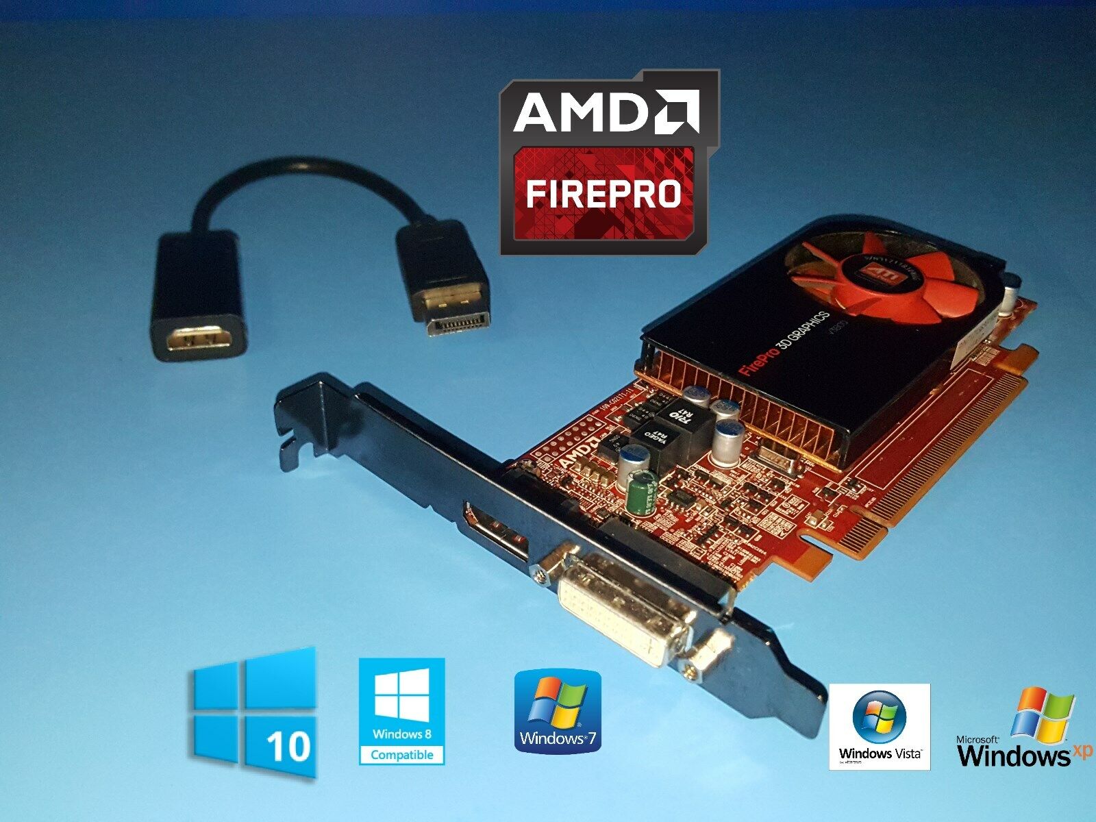 HP Pro 3000 3300 3400 3500 FirePro Video Card + Displayport to HDMI Adapter