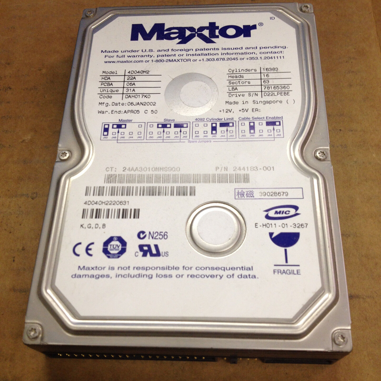 Maxtor 4D040H2 244183-001 40GB UDMA/100 5400RPM 2MB IDE HDD HARD DRIVE